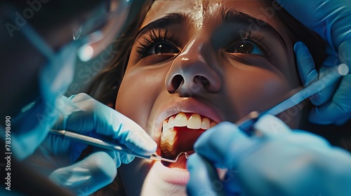 A dentist wearing gloves and not showing their face uses a dental tool to treat the teeth of a female patient who is wearing braces during an appointment at a clinic.