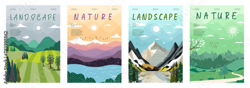 Nature and landscape. Vector illustration of mountains, Trees, plants, fields and farms. Editable work for cover or card designs.