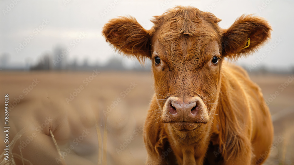 Close-up of a brown cow in a barren field