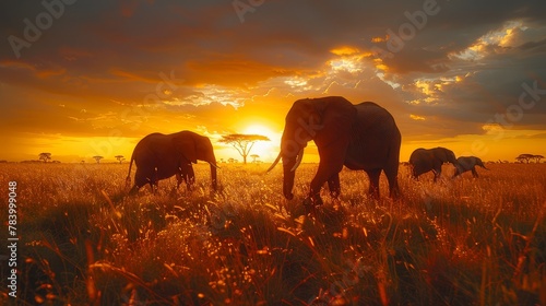   A herd of elephants traverses a grassy field, beneath a cloud-studded sky, as the sun sets in the distance © Anna