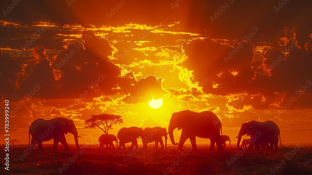   A herd of elephants atop a verdant field, under a cloud-studded sky, with the sun casting a distant, golden glow