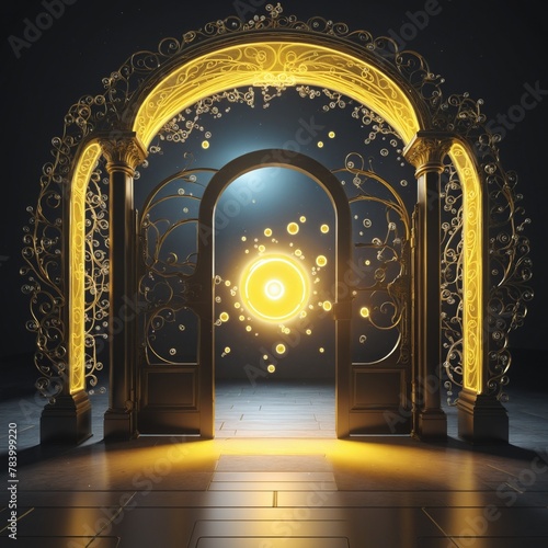 Magic gate in bright colours yellow light with bubbles