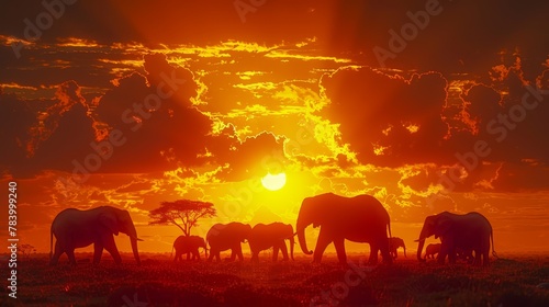   A herd of elephants atop a verdant field  under a cloud-studded sky  with the sun casting a distant  golden glow