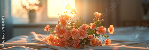 Macro shot of a bouquet of fresh flowers on a bedside table, hyperrealistic photography of modern interior design