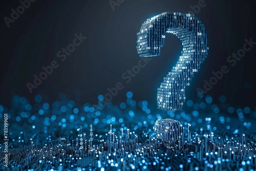 digital 3d question mark with binary code, ai in question answering systems, natural language processing algorithms, information retrieval platforms, and personalized knowledge assistance.
 photo