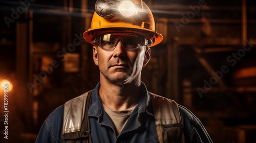 Blue collar laborer wears a hard hat fitted with a headlamp, symbolizing dedication and readiness to work in various conditions. photo