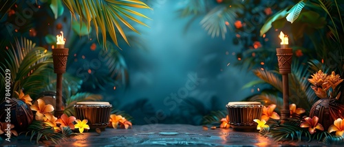 Tropical Luau Ambience with Drums and Tiki Lights. Concept Tropical Luau Ambience, Drums, Tiki Lights