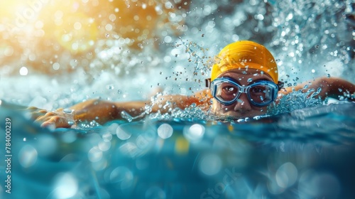 Man Swimming in Pool With Yellow Hat and Goggles © yganko