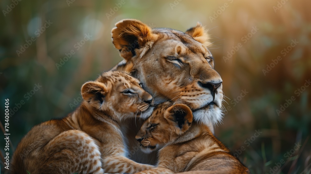 Obraz premium Wildlife Photography, Intimate Moment of Lioness and Cubs in Natural Habitat