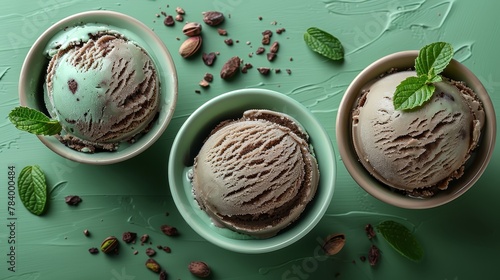   Two bowls of ice cream on a green surface One is filled with a scoop of ice cream, the other is surrounded by nuts and mint leaves photo