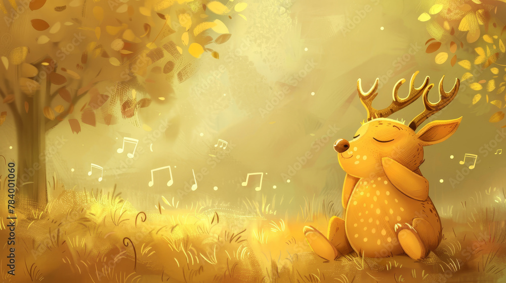 A deer seated in grass amidst music-noted trees, backdrop of a sunlit yellow sky A deer seated in grass amidst music-noted trees, backdrop of a sunlit yellow sky
