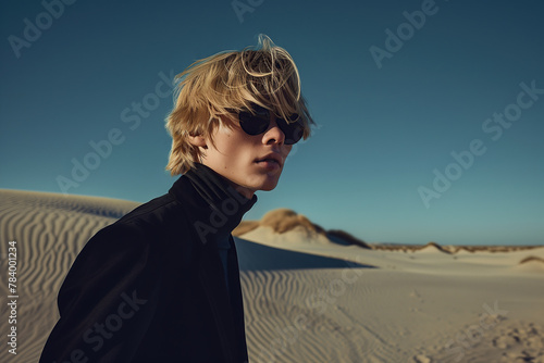 High fashion concept. Зortrait of fashionable male model with blond hair walking in luxurious clothing among sands under the blue sky. Luxury brands campaign style. Text space
