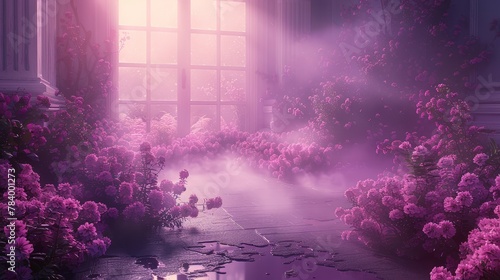   A room brimming with numerous pink blossoms adjacent to a windowsill, where sunlight pours in brilliantly through the window photo