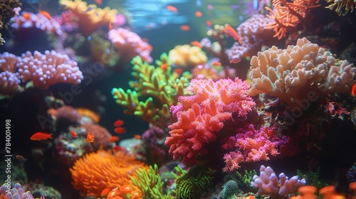   A tight shot of a vibrant coral reef teeming with variously hued corals Corals populate the reef's base © Nadia