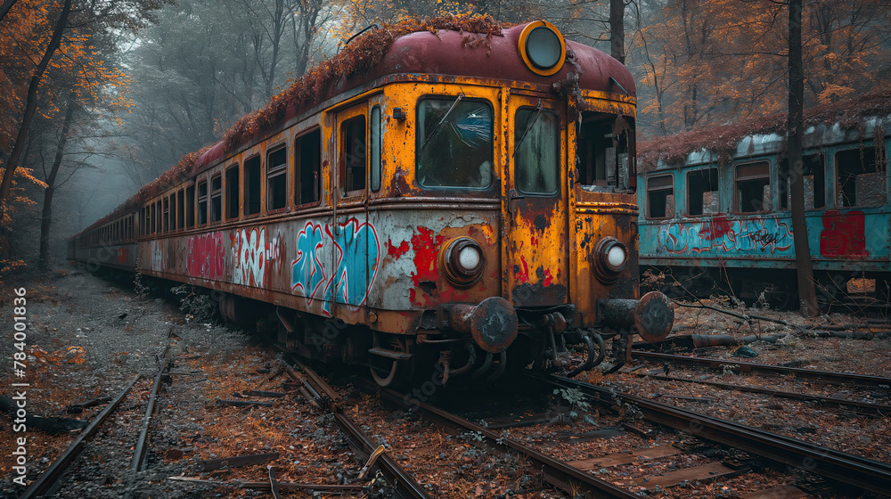 Depicts an abandoned train covered in rust and graffiti, left to decay on overgrown railway tracks in a misty forest. Depicts an abandoned train covered in rust and graffiti, left to decay on overgrown railway tracks in a misty forest.
