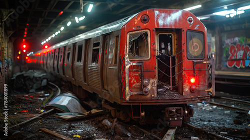 Derelict subway train with smashed windows and damaged exterior, abandoned in a dimly lit underground station. photo