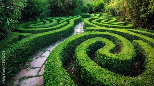 A hedge trimmed like a puzzle maze, creating a labyrinthine garden path.