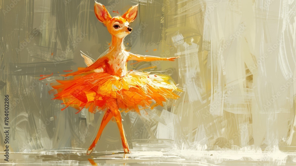 Obraz premium A painting of a deer wearing an orange tutu and a yellow dress, accessorized with a bow on its head
