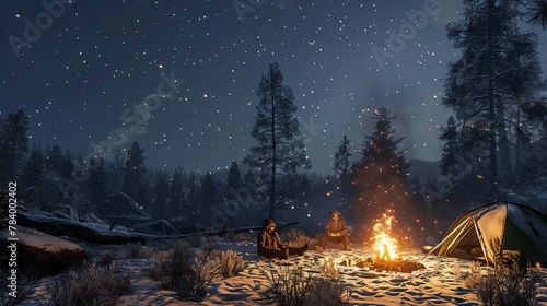 A group of buddies are camping and keeping warm by a cozy fire.