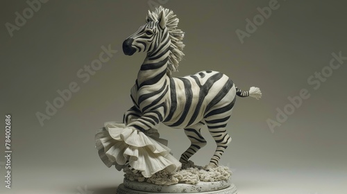   A zebra statue, depicted with erect hind legs, featuring a ruffling skirt-like effect at the backs photo