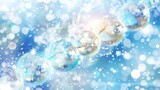   Multiple bubbles drift in a blue-white sky background
