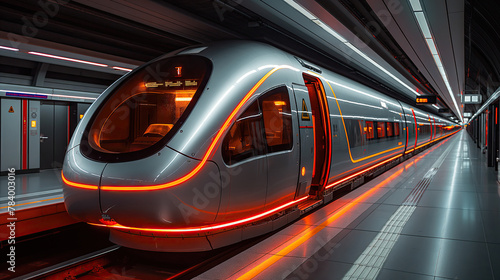 Modern subway train in a well-lit underground station.