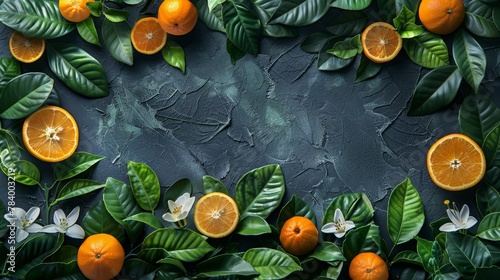  A collection of oranges atop green leaves Oranges also arranged on a black surface, accompanied by white flowers