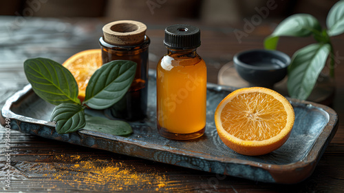   A tray with oranges, an orange essential oil bottle, and leafy decoration tops it © Nadia