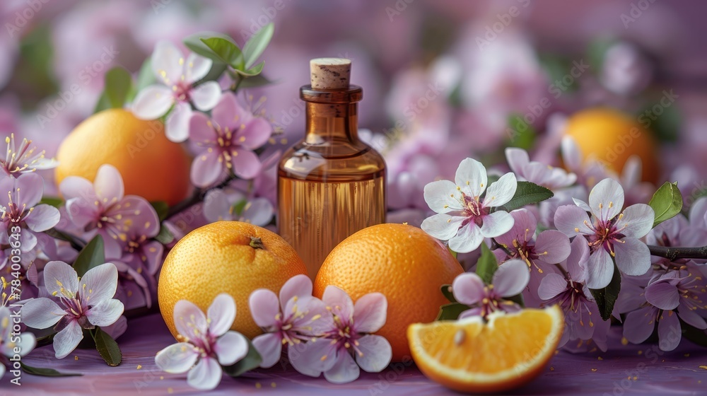 A bottle of perfume sits atop an orange Nearby, a bunch of flowers and a grapefruit rest A bottle of perfume sits atop an orange Nearby, a bunch of flowers and a grapefruit rest