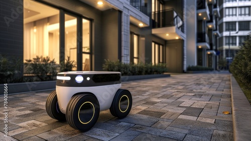 Self-driving delivery bot on a residential path. Autonomous robot for package delivery. Concept of innovative delivery solutions, autonomous transport, smart technology, and robotic courier services.