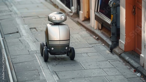 Patrol security robot in an urban setting. Surveillance bot monitoring city. Concept of high-tech public safety, artificial intelligence in security, and modern urban monitoring.