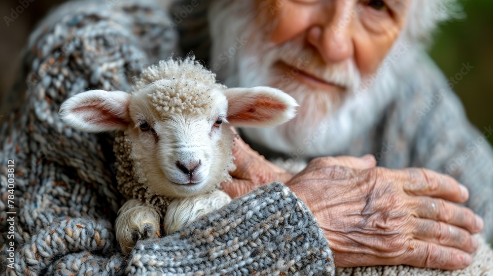 A person tightly holds a sheep, its blanket-covered back resting against them The sheep's head reclines comfortably on their arm A person tightly holds a sheep, its blanket-covered back resting against them The sheep's head reclines comfortably on their arm