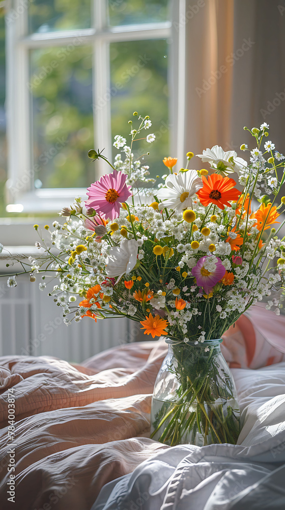 Macro shot of a bouquet of fresh flowers on a bedside table, scandinavian style interior