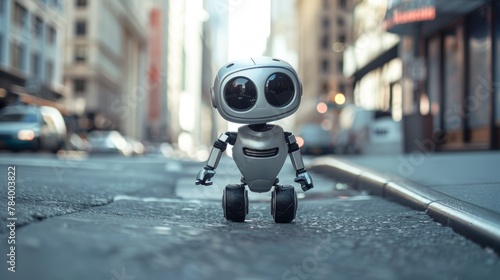 Curious mini robot navigating a city sidewalk. Tiny android in a metropolitan setting. Concept of artificial intelligence companionship, robotic adventurers, and technology integration in society.