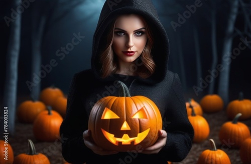 Woman in witch costume opens carved Halloween pumpkin