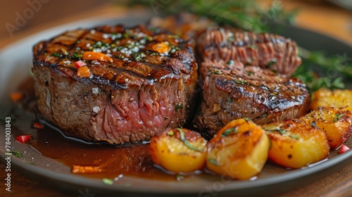  A tight shot of a plate bearing a steak, potatoes, and carrots arranged to its side