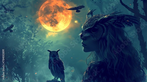Witch with an owl mask under a full moon with enigmatic owl. Mysterious lady and owl in an enchanted forest. Concept of mysticism, familiar spirits, witchcraft, fantasy world.