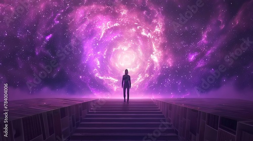 Silhouette of a person standing before a vortex in space. Abstract cosmic concept. Design for album cover, poster, wallpaper