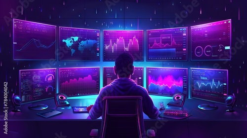Trader analyzing financial data on multiple computer screens. Focused analysis in trading office environment. Concept of stock market monitoring, financial analysis, dedicated workspace. Digital art