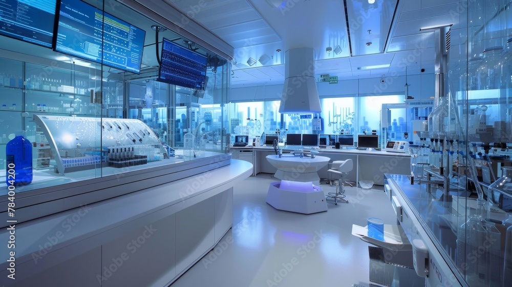 Obraz premium Futuristic AI Drug Discovery Lab: High-Tech Research