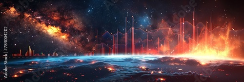 Fiery data analysis over digital landscape. Data analytics visualized with fiery financial graphs against cosmic backdrop. Futuristic space stock market concept. Suitable for background or wallpaper.