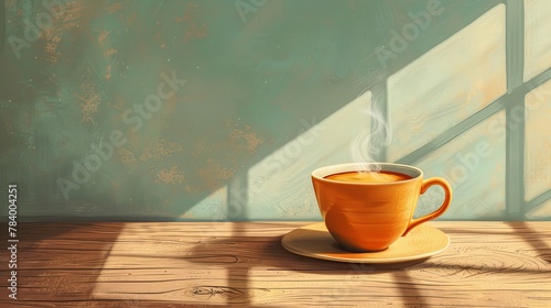 Steaming cup of tea on wooden table with shadows from window. Cozy breakfast scene with warm sunlight. Hot drink. Concept of calmness, morning routine, aromatic awakening. Copy space. Digital art