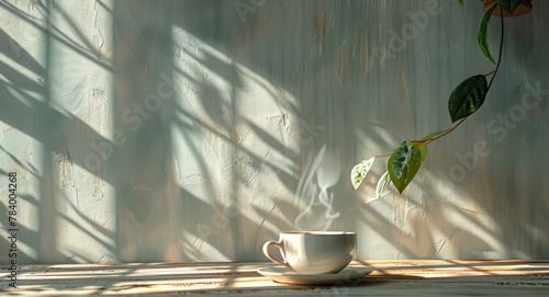 Steaming cup of tea on wooden table with shadows from window. Cozy breakfast scene with warm sunlight. Hot drink. Concept of calmness, morning routine, aromatic awakening. Copy space.