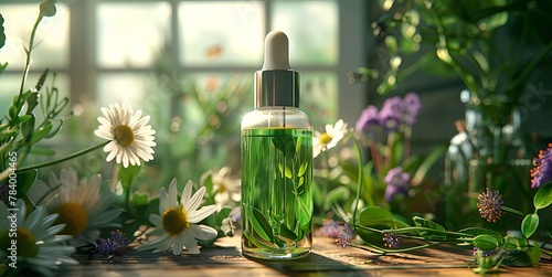 Clear Glass dropper bottle with essential oil, surrounded by variety of fresh homeopathic herbs on rustic wooden table. Herbal essence. Concept of aromatherapy, natural wellness, plant extracts.