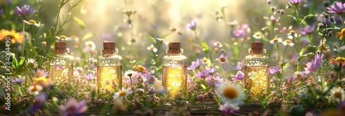 Essential oils in glass bottles with natural herbs, in sunlight. Herbal tinctures and extracts. Concept of natural aromatherapy, herbal medicine, health care. Banner. Copy space