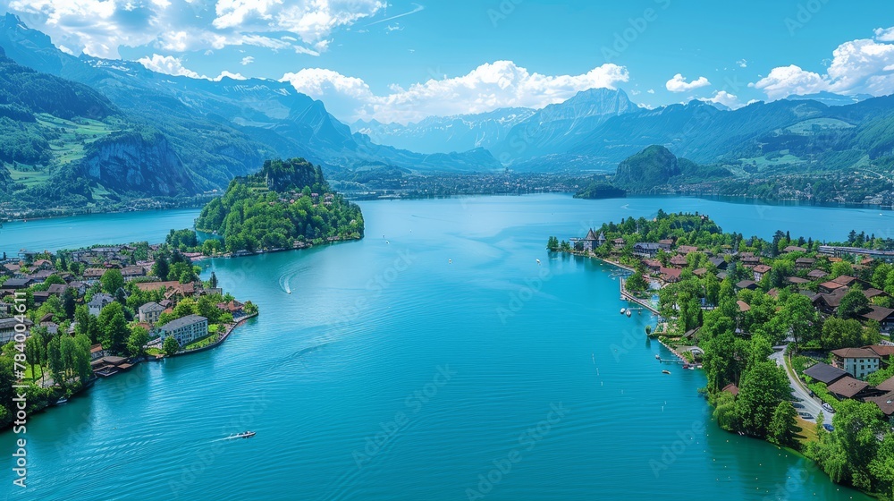  From above, a serene lake is framed by houses along its edge, while a majestic mountain range forms a breathtaking backdrop
