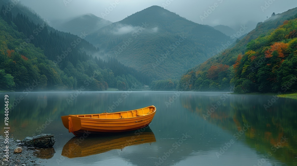 A yellow boat floats on a lake's surface, nearby is a lush green forest-covered mountain adorned with autumn foliage A yellow boat floats on a lake's surface, nearby is a lush green forest-covered mountain adorned with autumn foliage