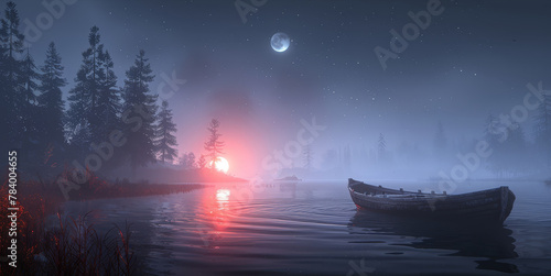  A boat floats on a tranquil lake, surrounded by a dense forest teeming with trees The full moon casts an ethereal glow over the scene