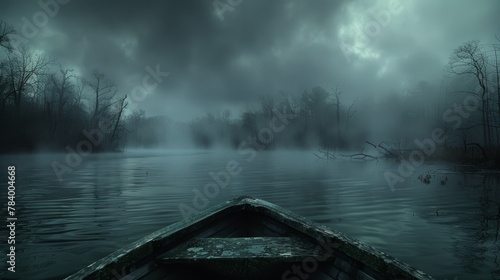   A boat floats on a lake's surface, adjacent to a dense forest teeming with trees The sky above is shrouded in ominous dark clouds photo