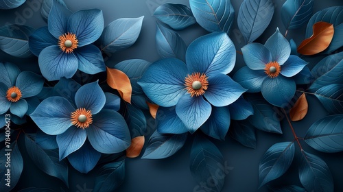   Blue flowers in a cluster  sporting green leaves against a blue backdrop Their centers are white  encircled by orange and blue foliage